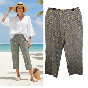 VTG Peter Martin Silk Capris Pants 8 Gingham Check Pineapple Embroidered 90s Lux